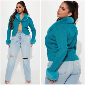 Be Fur Real Cropped Cardigan - Teal - Sz 1X